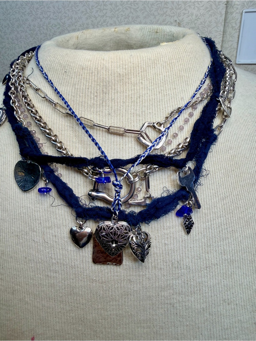 NWT Free People Layered Navy Blue and Silver Heart Charm Necklace